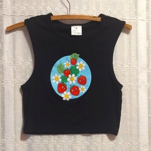 Strawberries screen printed black cotton cropped tank top medium